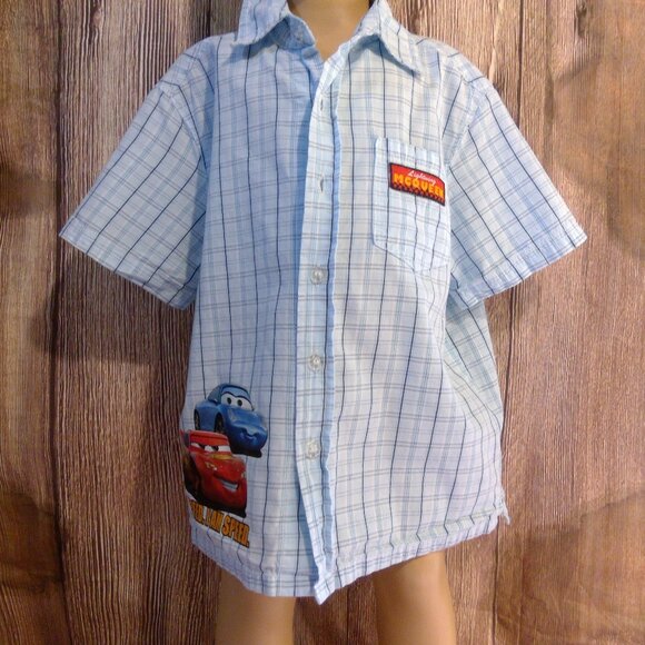 Disney Cars Blue Checkered Button-Up Short Sleeve Shirt - Picture 1 of 7